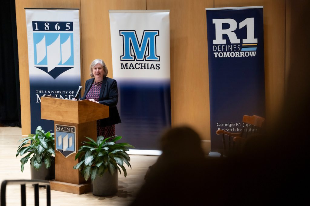 A photo of Joan Ferrini-Mundy speaking at the State of the University