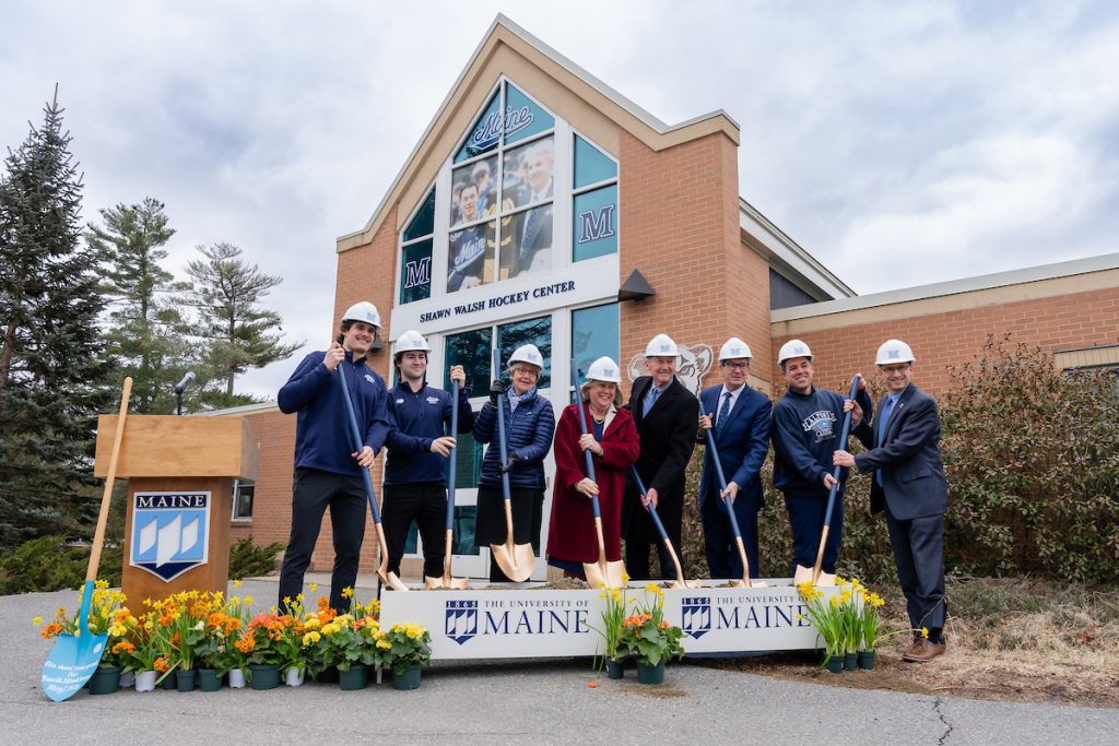 A photo of President Ferrini-Mundy and the Alfond Arena groundbreaking