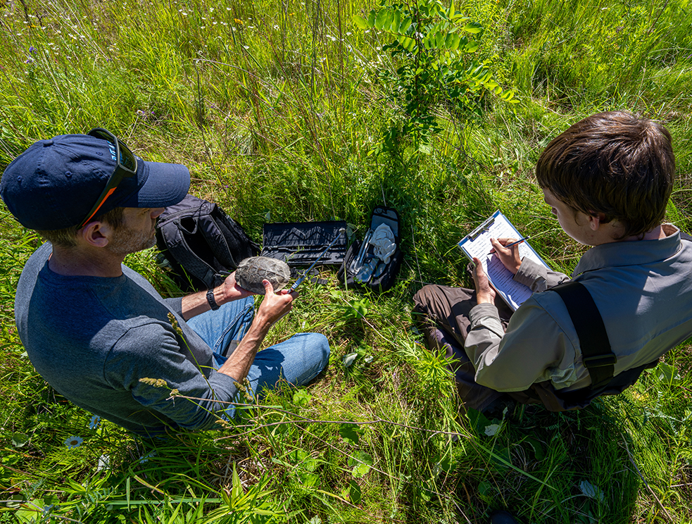 A photo of students taking notes in a field