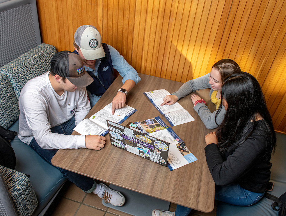 A photo of students looking at a brochure