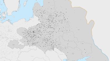 A map depicting the locations of ghettos enclosed by barbed wire.