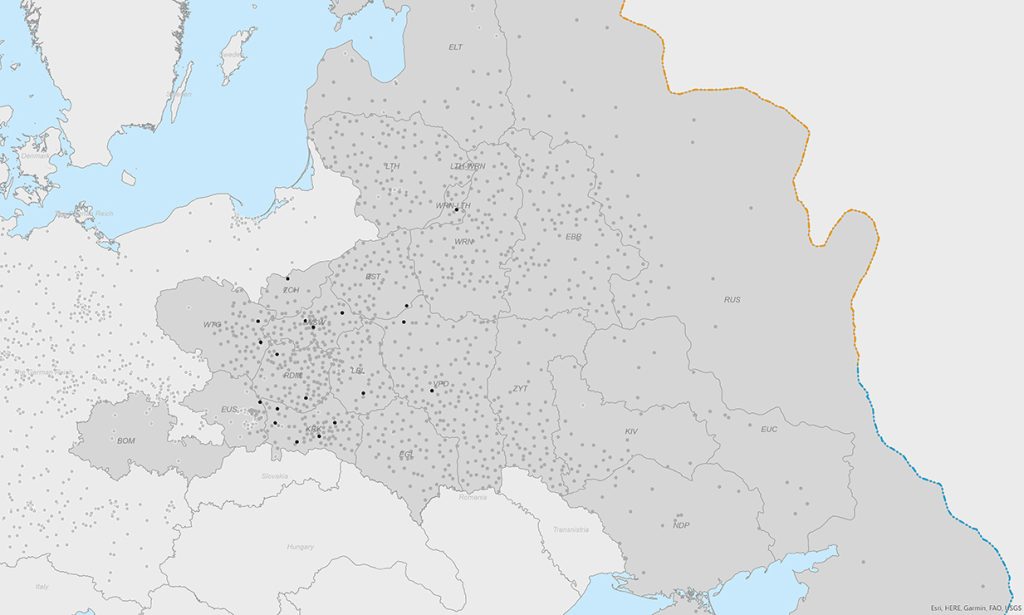 A map depicting the locations of ghettos enclosed by walls.
