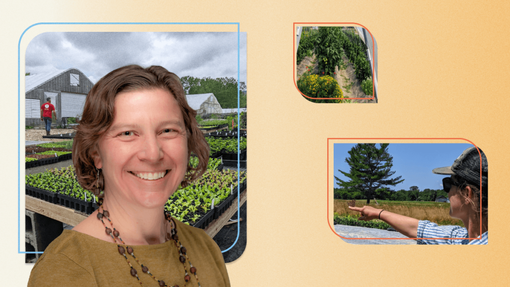 A portrait of Sara Delaney with some photos of farms she has helped in the background.