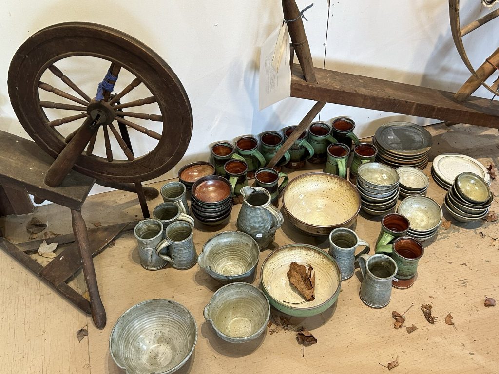 Hog Bay pottery and spinning wheel